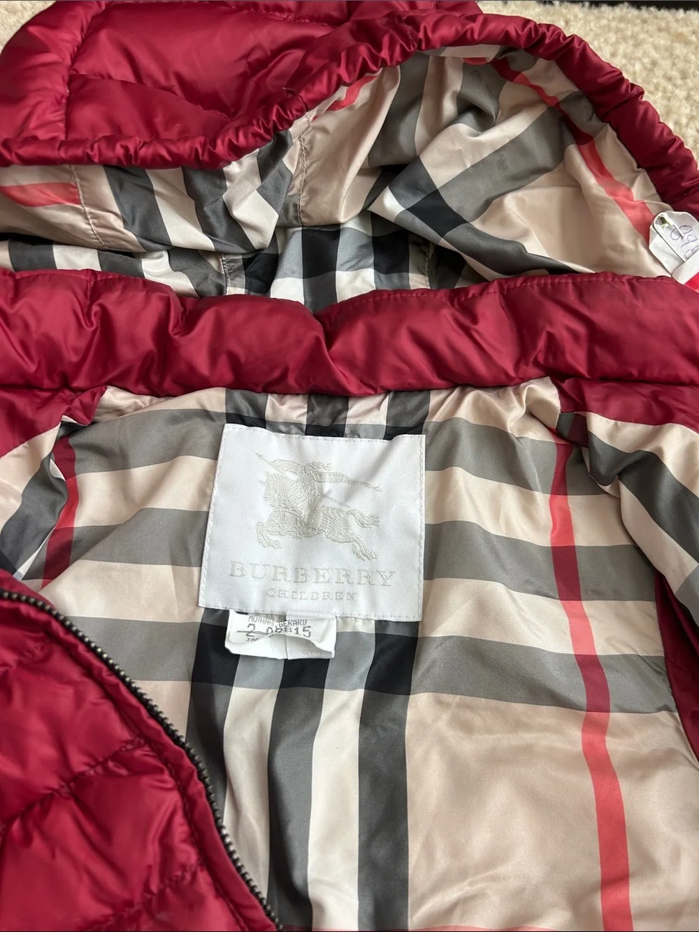 Burberry Kids Maroon Hooded Puffer Coat with Signature Check Lining